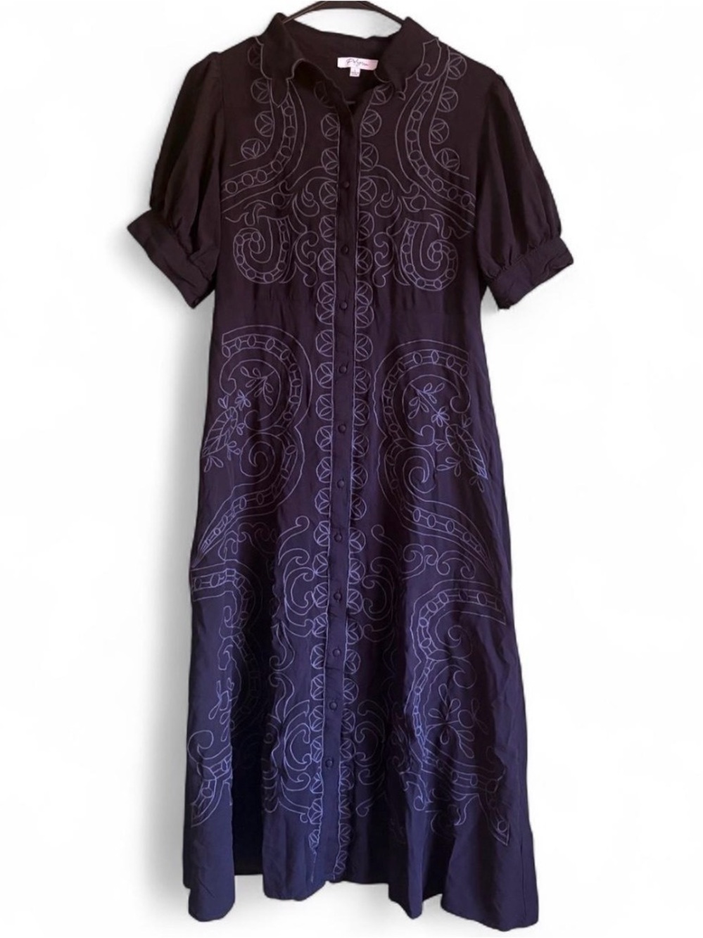 Polagram Button-Front Embroidered Midi Dress - Black